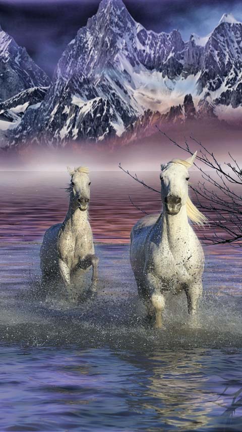 running horses beautiful mountains fairy tale wallpaper background phone