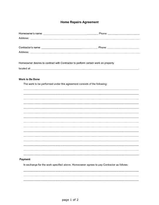 home repairs agreement free contractor landlord tenant form pdf printable