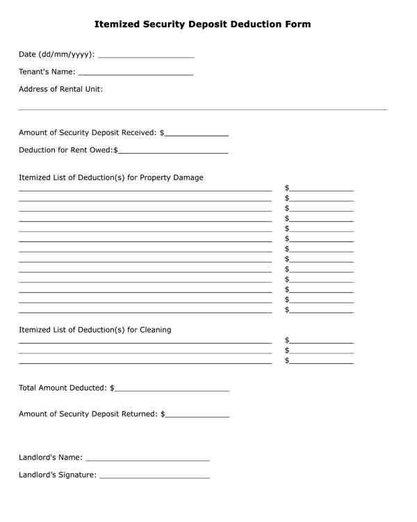 deduction form itemized security deposit landlord tenant free printable pdf form