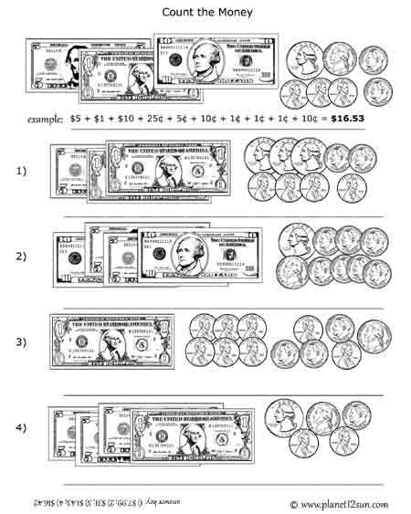 U.S. counting coins money bills free printable worksheet