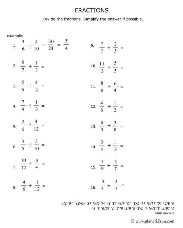 fractions division dividing free printable worksheet 4th 5th 6th grade
