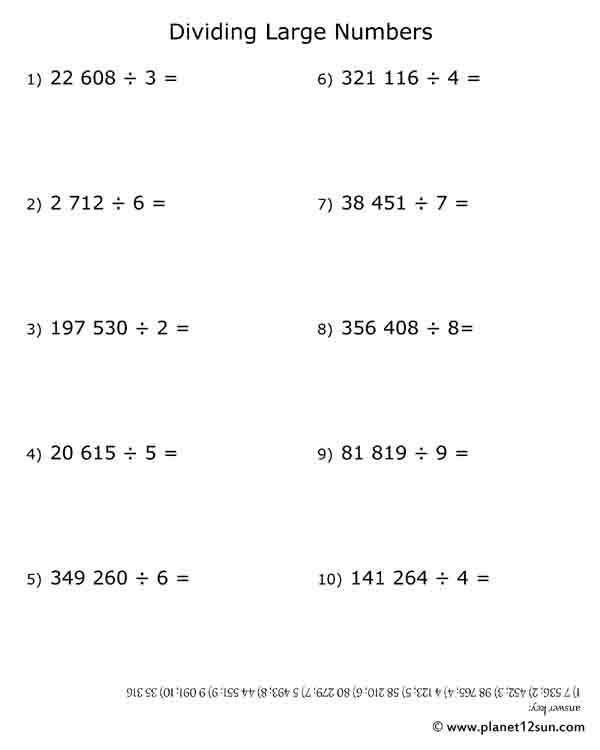 Free Worksheets For Dividing Large Numbers With Single Digit Divisors