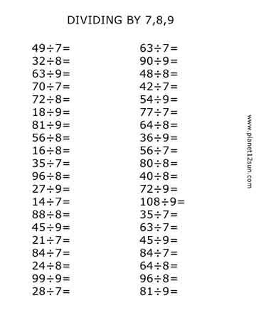 divisors 7 8 9 division drill free printable worksheet kids