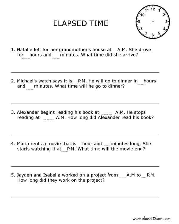 elapsed time word problem 3rd 4th 5th free printable worksheet math