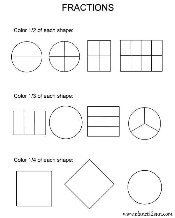 coloring fractions of shapes free printable worksheet