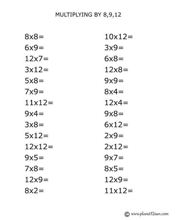 multiplying by 8 9 12 free printable worksheet 3rd 4th 5th grade