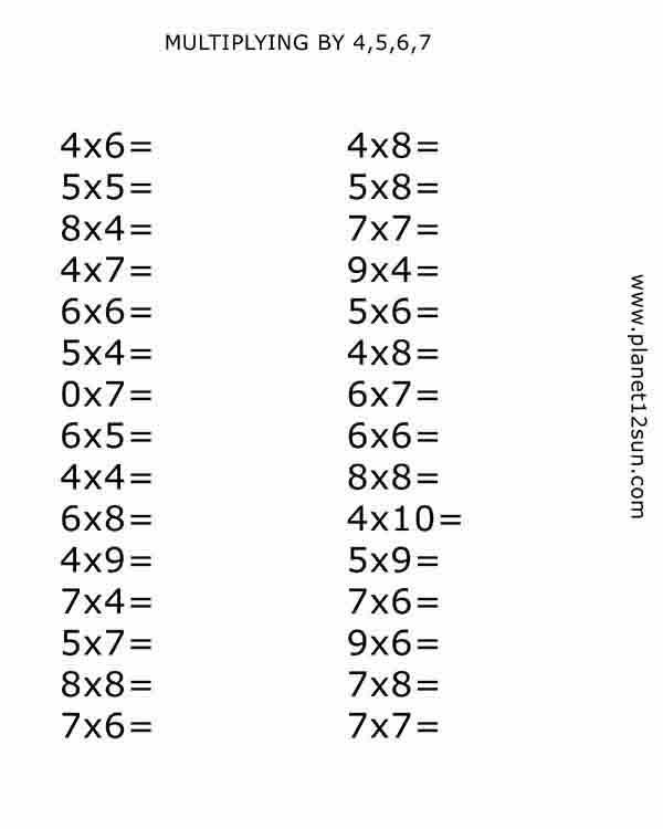 multiplying by 4, 5, 6, 7 free printable worksheet 2nd 3rd 4th grade