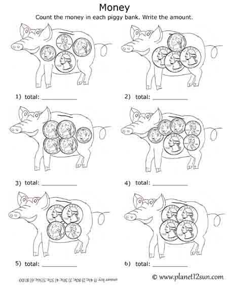 piggy bank coins counting money USA free printable worksheet 2nd 3rd grade