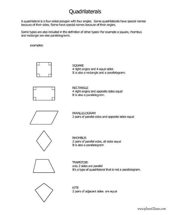 quadrilaterals 4-sided polygons types free printable worksheet