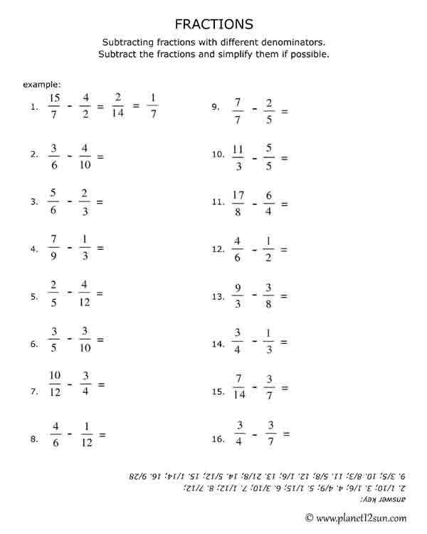 subtraction fractions different denominators free printable worksheet