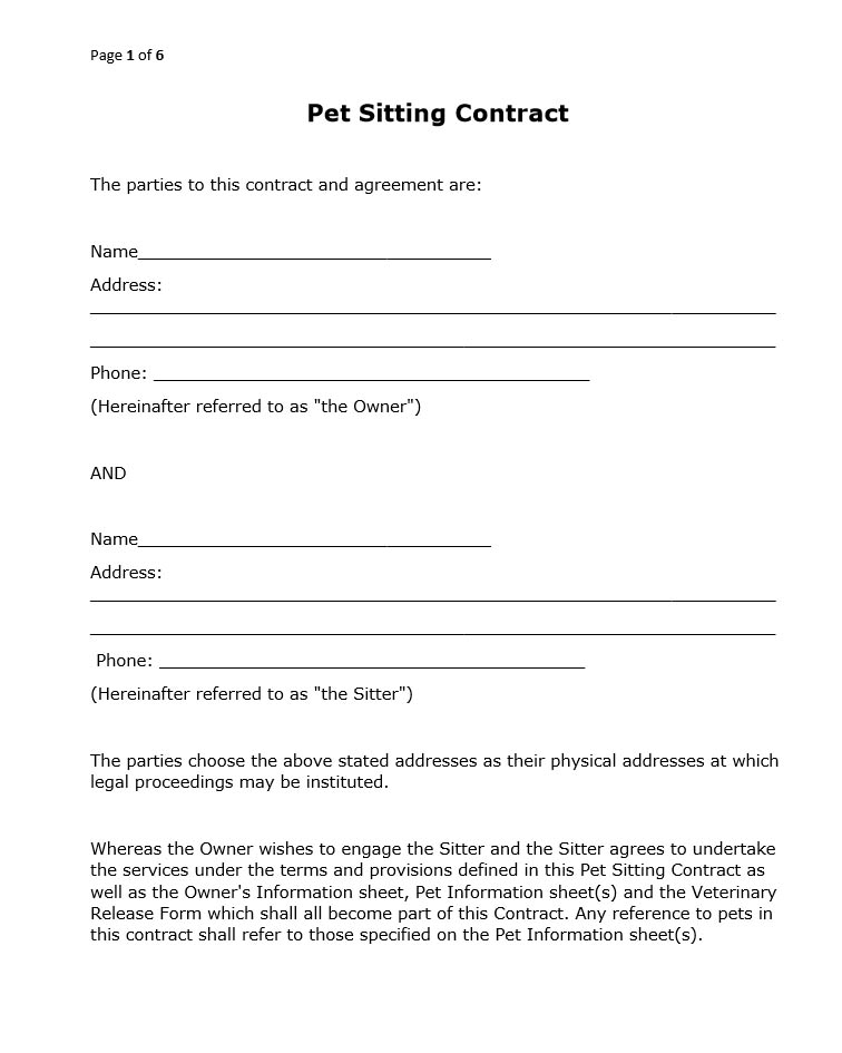 Pet Sitting Agreement Genius777 PRINTABLES