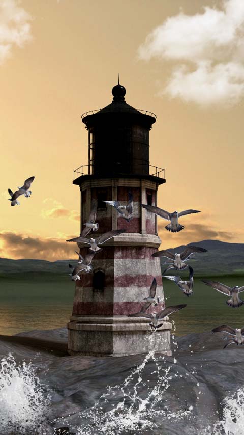 striped lighthouse ocean seagulls wallpaper background phone