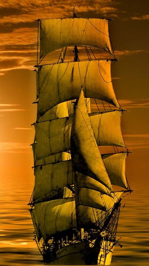 schooner boat sunset yellow orange ocean wallpaper background phone