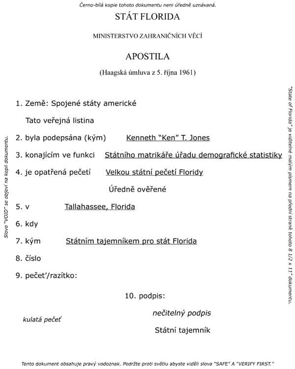 apostila apostille birth certificate translation Czech free printable form