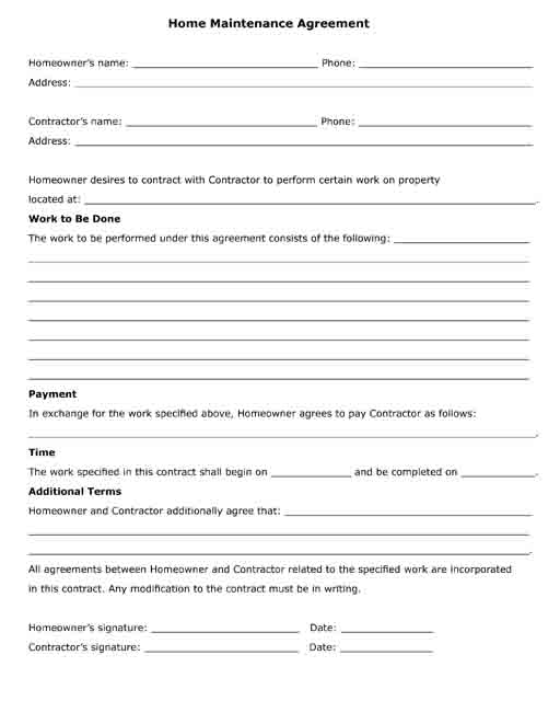 home maintenance agreement work to be done free printable pdf form