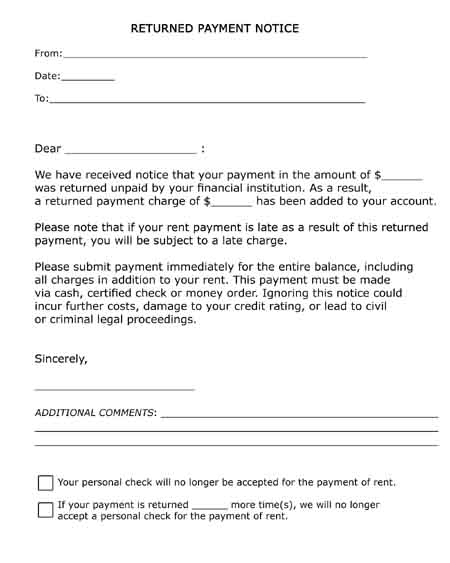 returned payment notice free pdf printable landlord tenant