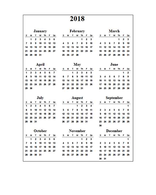 calendar 2018 free printable black white