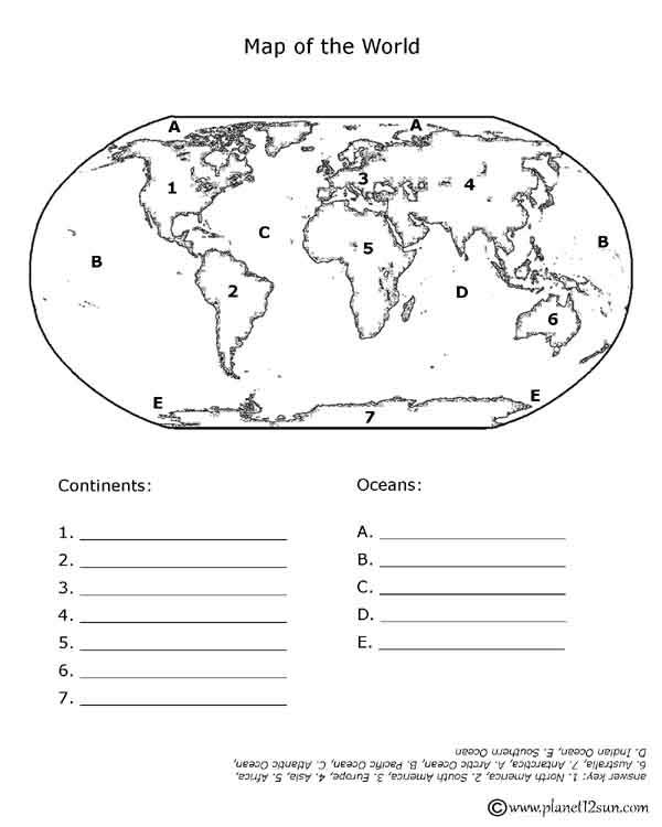 continents oceans blind map world free printable worksheet 4th 5th grade