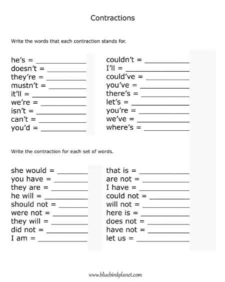 contractions common words worksheet practice sheet free printable