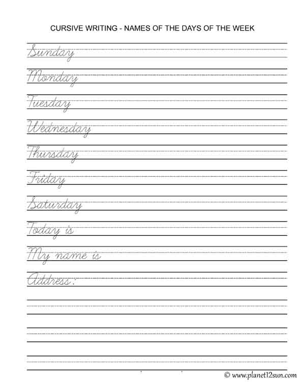days names cursive handwriting free printable worksheet kids