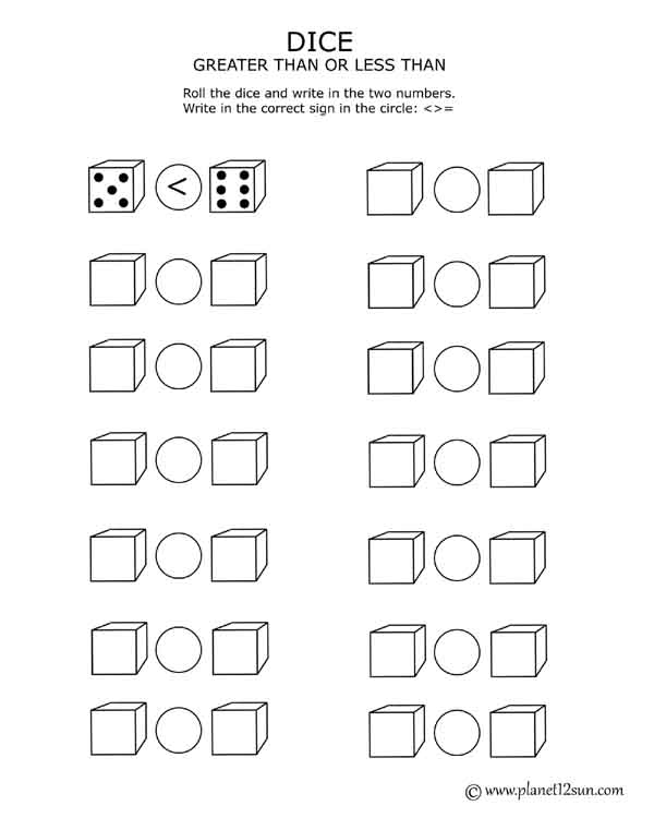 greater than less math dice free printable worksheet 2nd 3rd grade