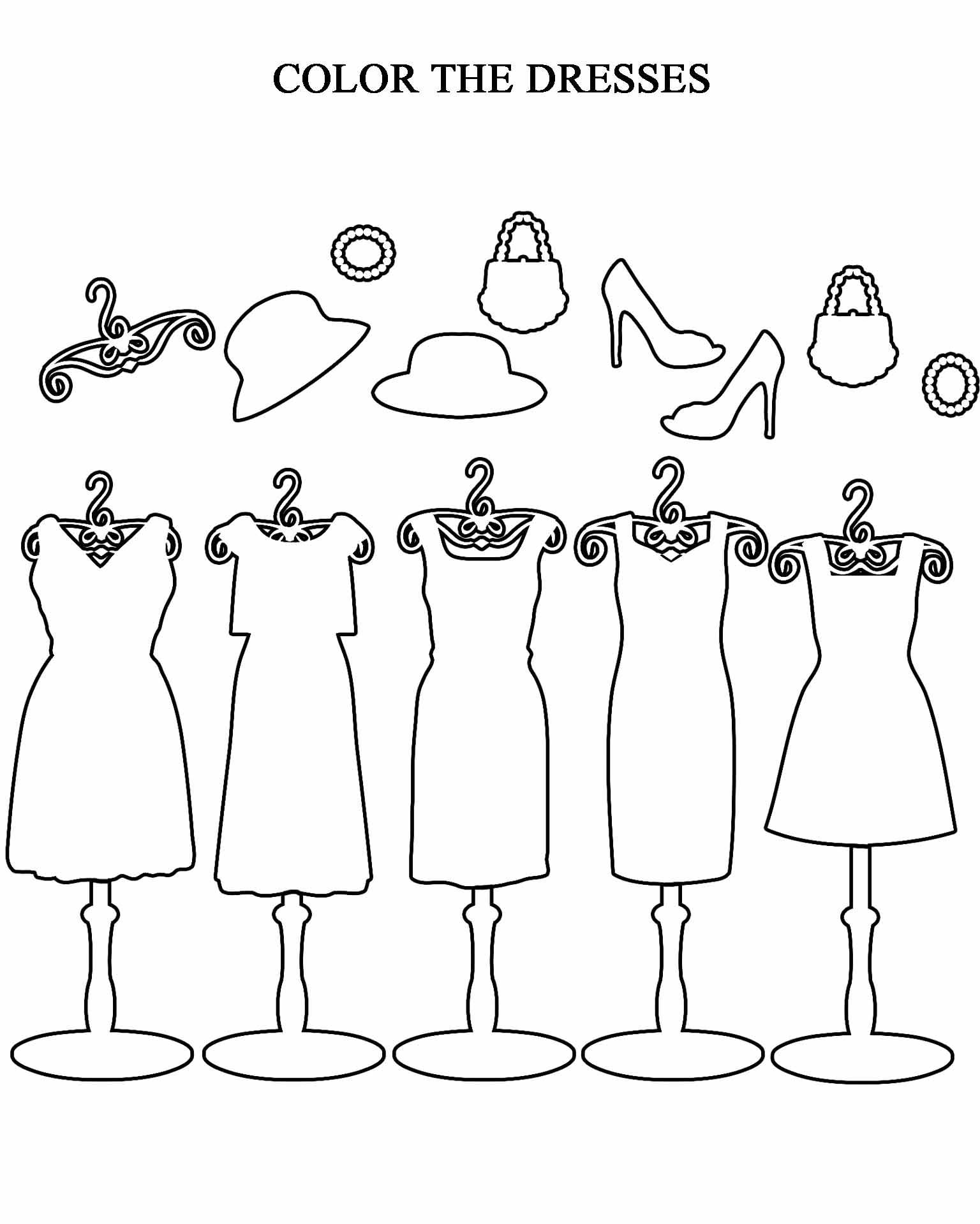 dresses coloring page girls free printable worksheet kindergarten 1st 2nd 3rd grade