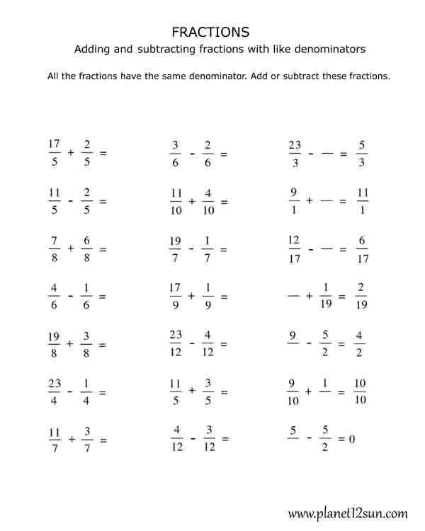 same denominator fractions adding subtracting free printable worksheet