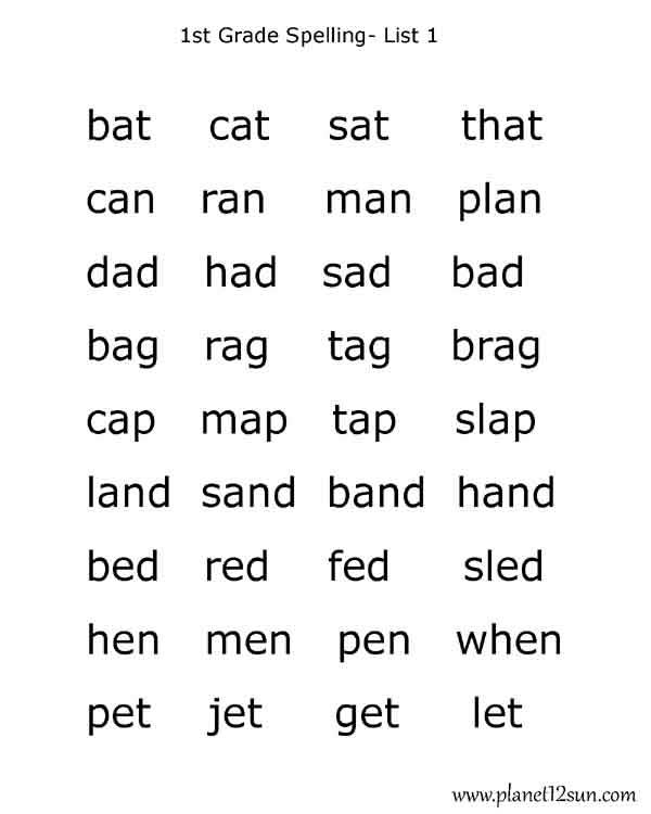 bat cat sat spelling words 1st grade free printable list