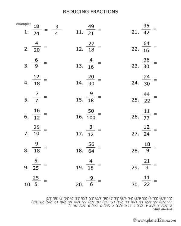 reducing fractions math 4th 5th 6th grade math free printable worksheet key