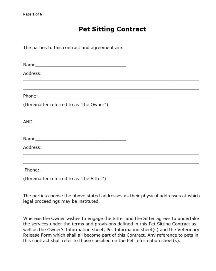 pet sitting contract